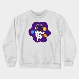 Cute Astronaut Floating In Space With Planet And Moon Cartoon Crewneck Sweatshirt